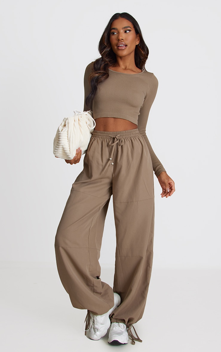 Coffee Structured Contour Ribbed Round Neck Long Sleeve Crop Top image 3