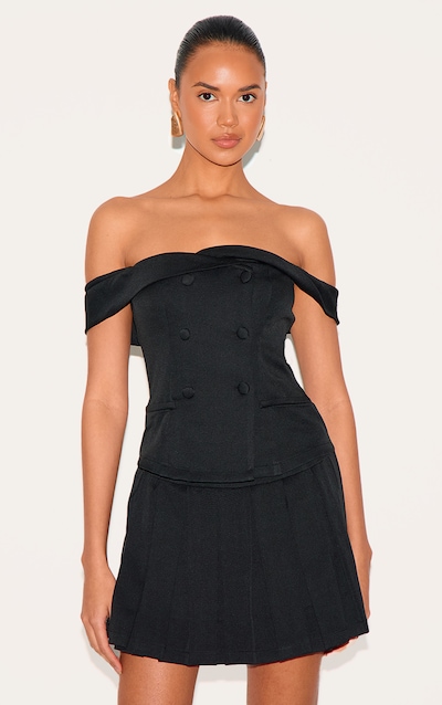 Black Tailored Button Detail Bardot Pleated Skort Romper