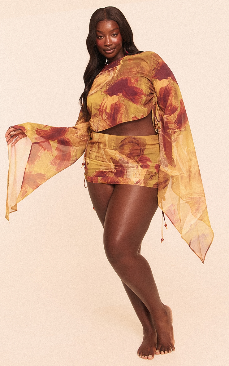 Plus Green Abstract Print Bead Trim Chiffon Beach Top image 3