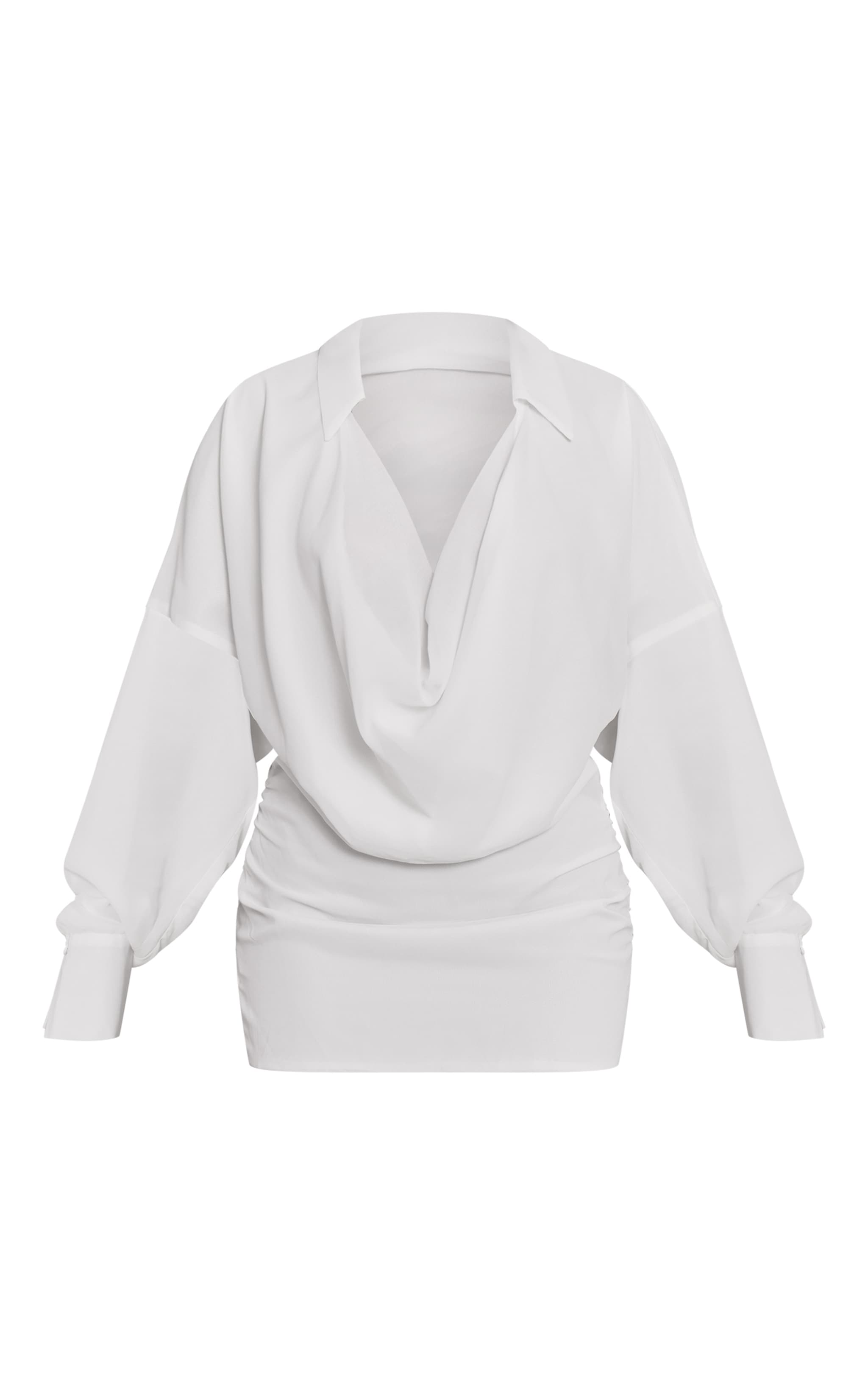 Petite White Chiffon Cowl Neck Collared Dress image 5