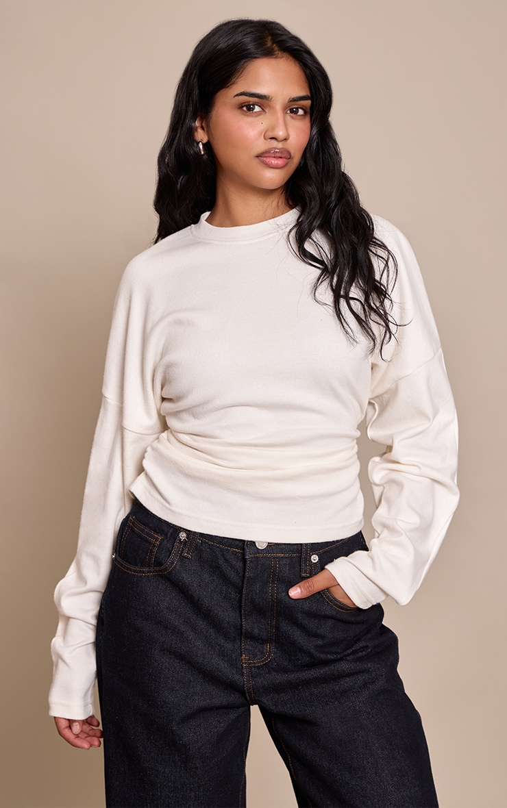 Petite Cream Ruched Waist Long Sleeve Top image 1