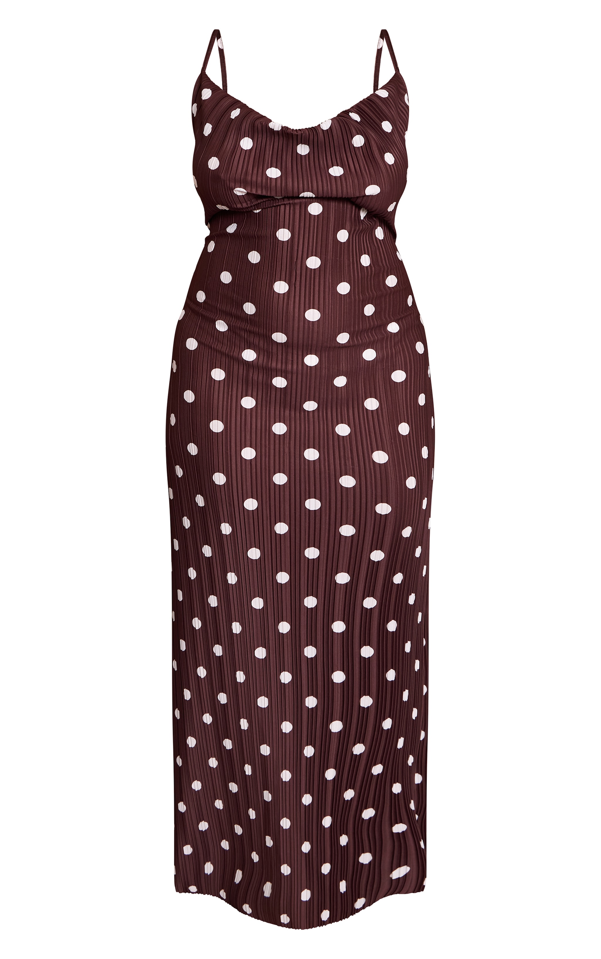 Plus Chocolate Polka Dot Printed Plisse Cowl Neck Maxi Dress image 5