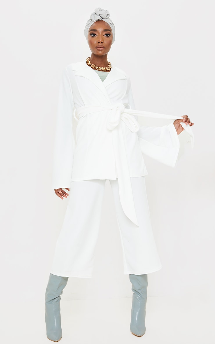 Cream Crepe Flare Sleeve Tie Jacket image 3