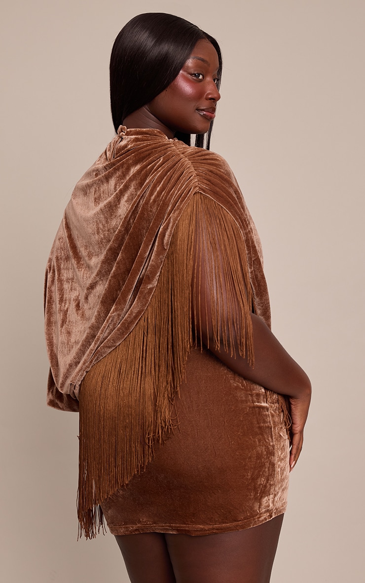 Plus Golden Brown Velvet Cape Tassel Hem Mini Dress image 2