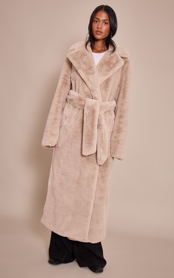 Tall Taupe Faux Fur Tie Waist Maxi Coat image 3
