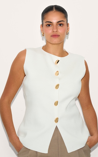 Gilet boutonné en maille tricot compacte crème grande taille