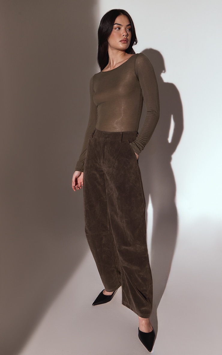 Dark Khaki Faux Suede Barrel Leg Trousers image 1