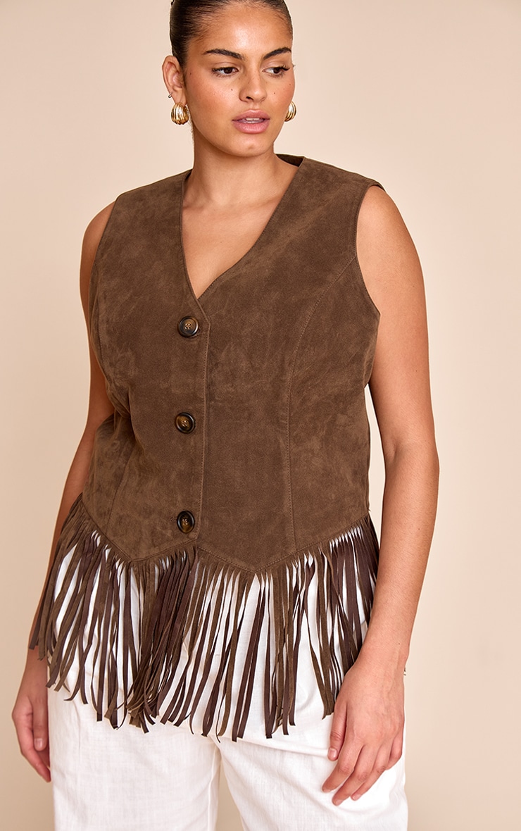 Plus Light Brown Faxu Suede Tassel Vest image 1