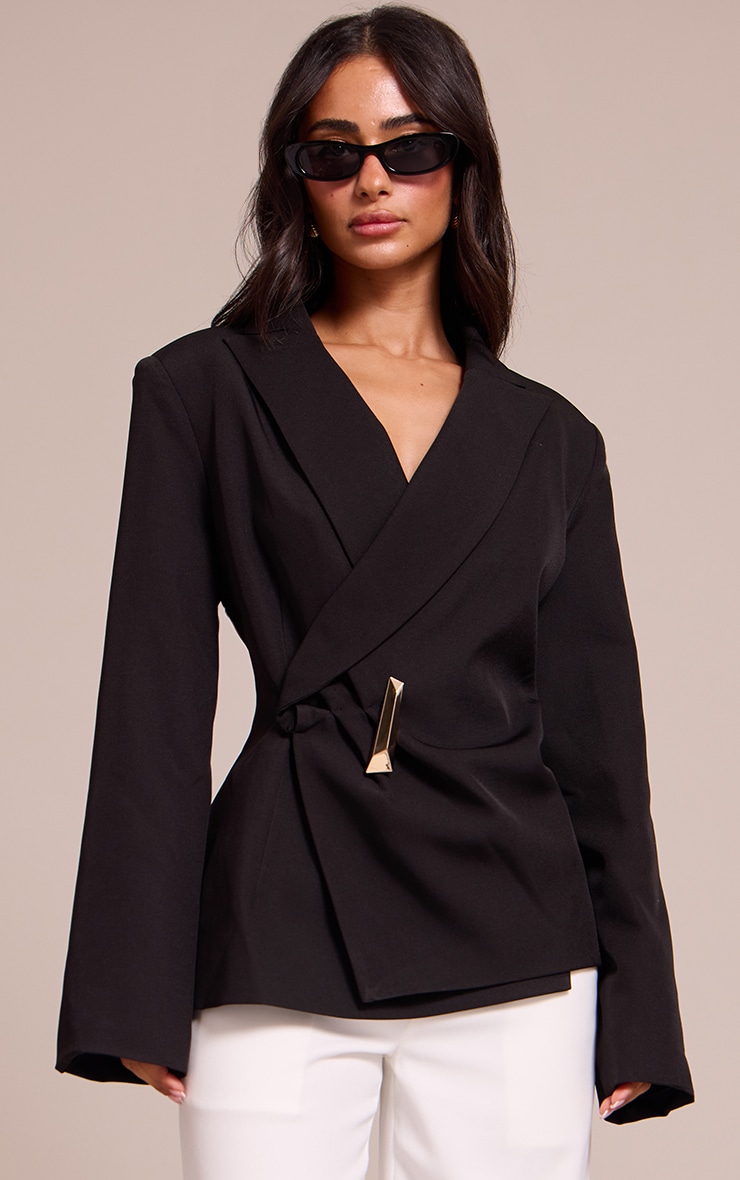 Petite Black Asymmetric Style Wrap Blazer image 1