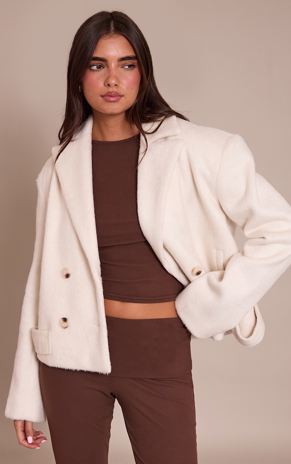 Trench court en effet laine brossé crème