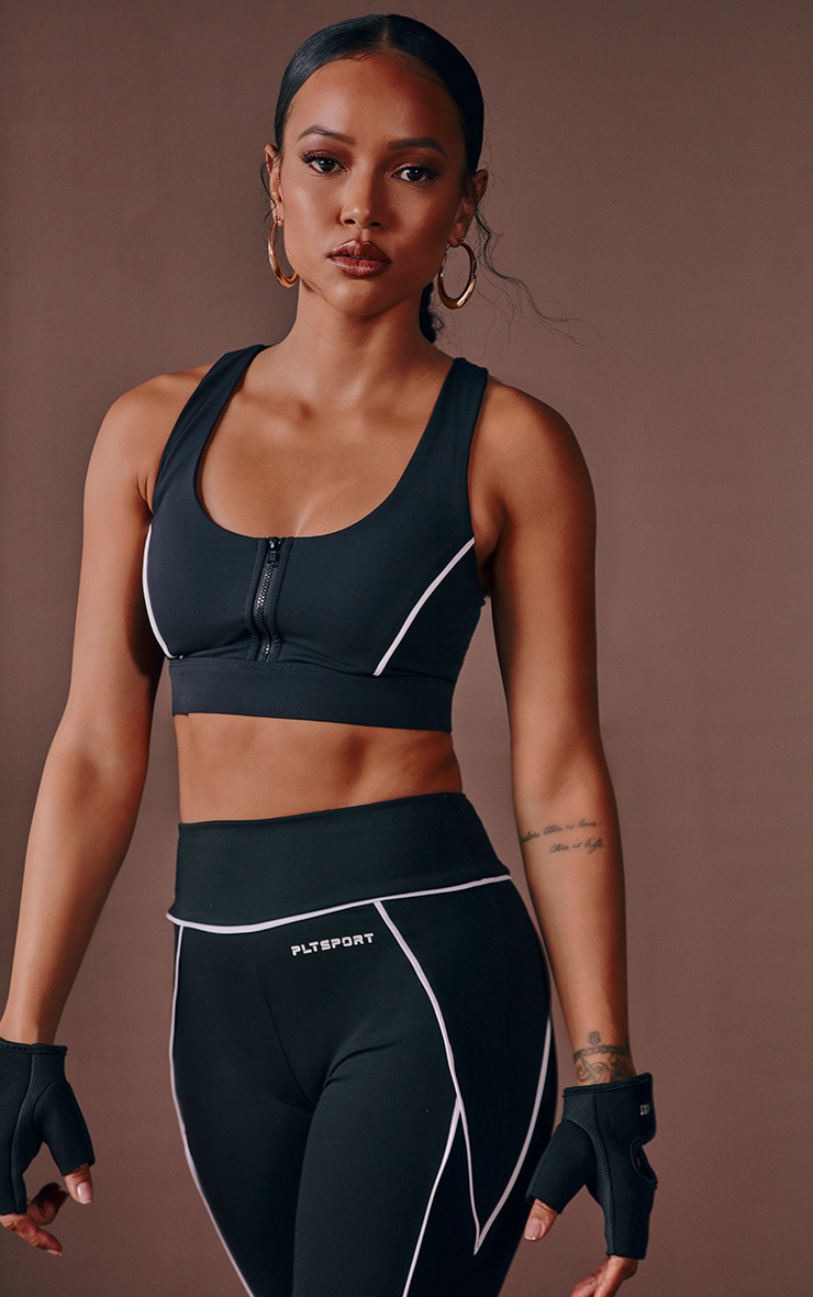 Image of Black Contrast Zip Front Sports Bra