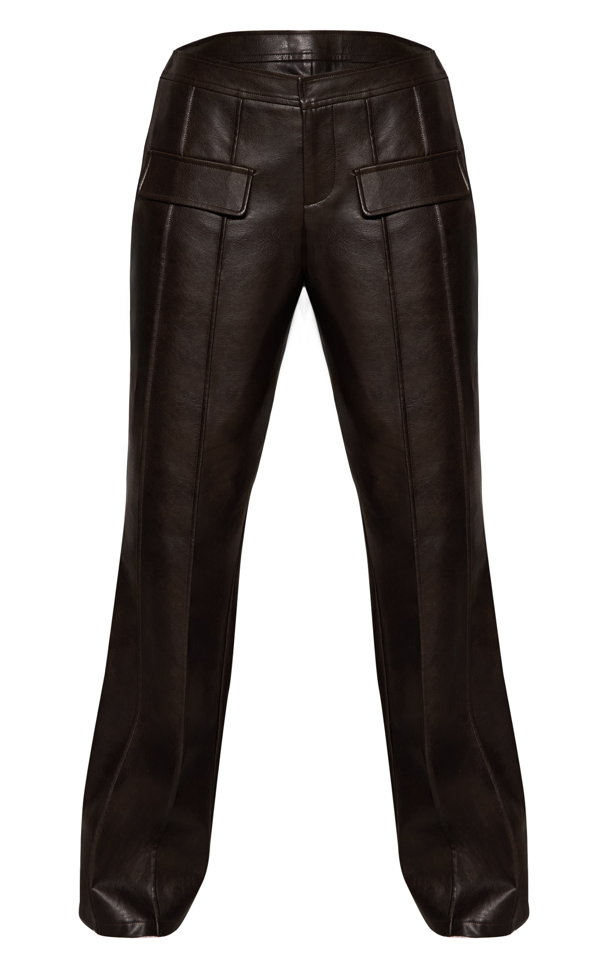 Dark Chocolate Faux Leather Seam Detail Straight Leg Trousers image 5