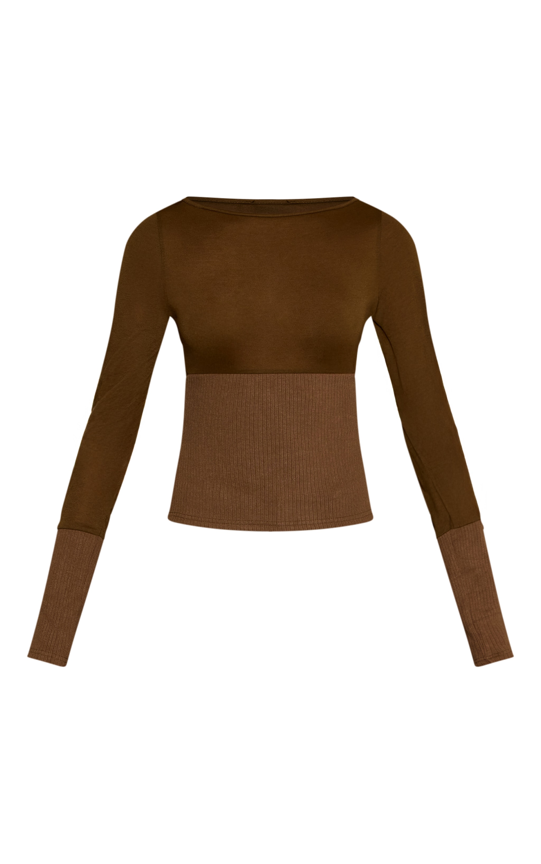 Dark Khaki Contrast Jersey Rib Long Sleeve Fitted Top image 5