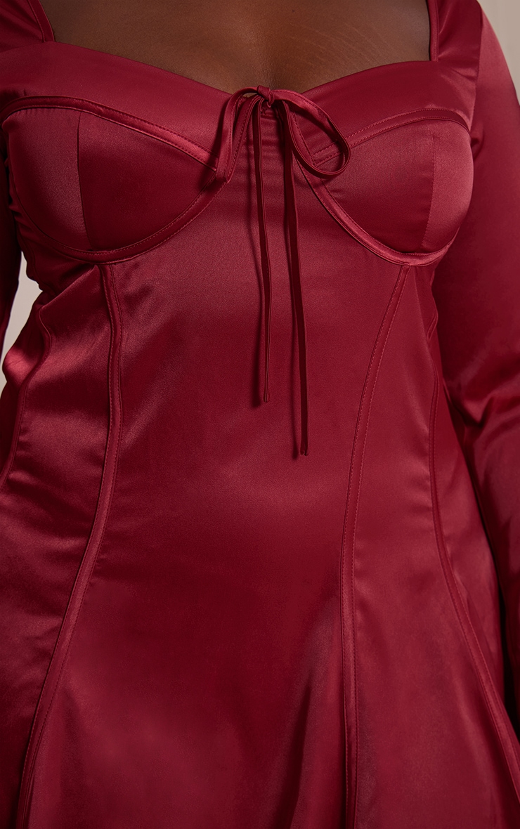 Plus Burgundy Satin Long Sleeve Mini Dress image 4