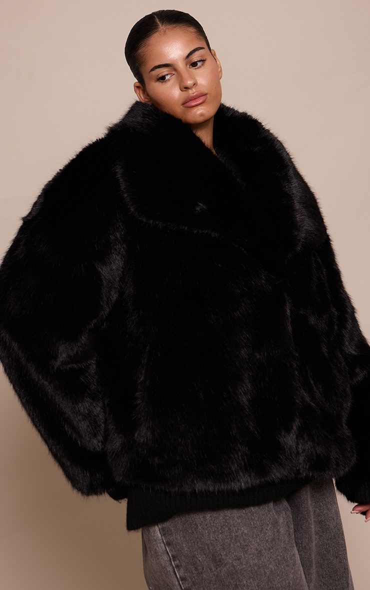 Plus Black Faux Fur Short Shawl Collar Coat
