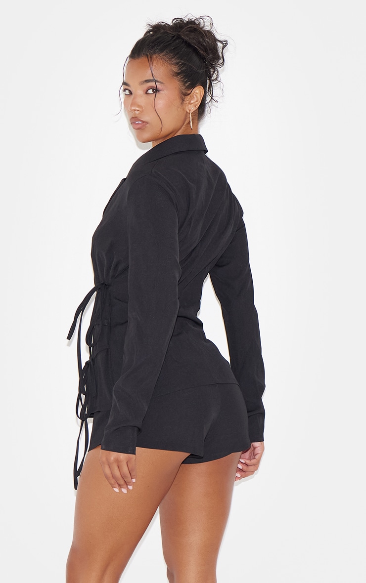 Black Premium Tailored Woven Wrap Front Romper image 2