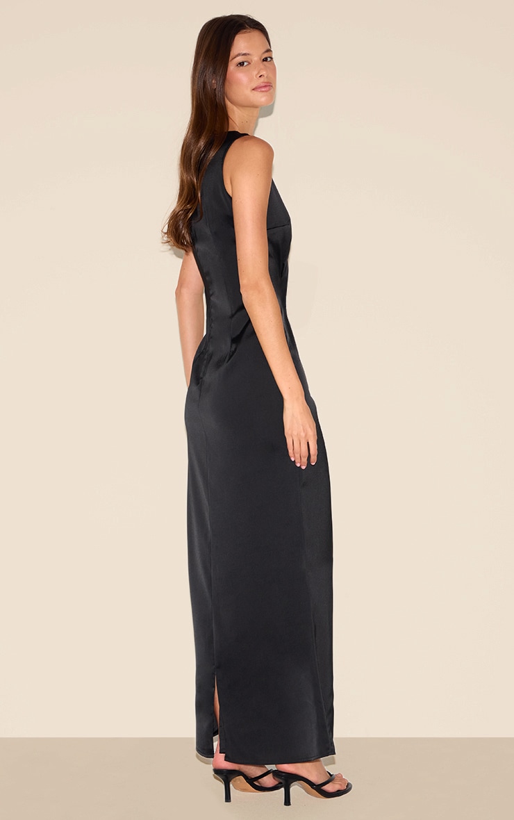 Black Bridesmaid Satin Boat Neck Maxi Dress image 2