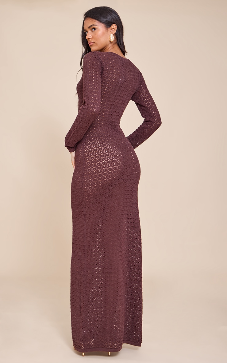 Chocolate Maxi Crochet Trim Long Sleeve Dress image 2