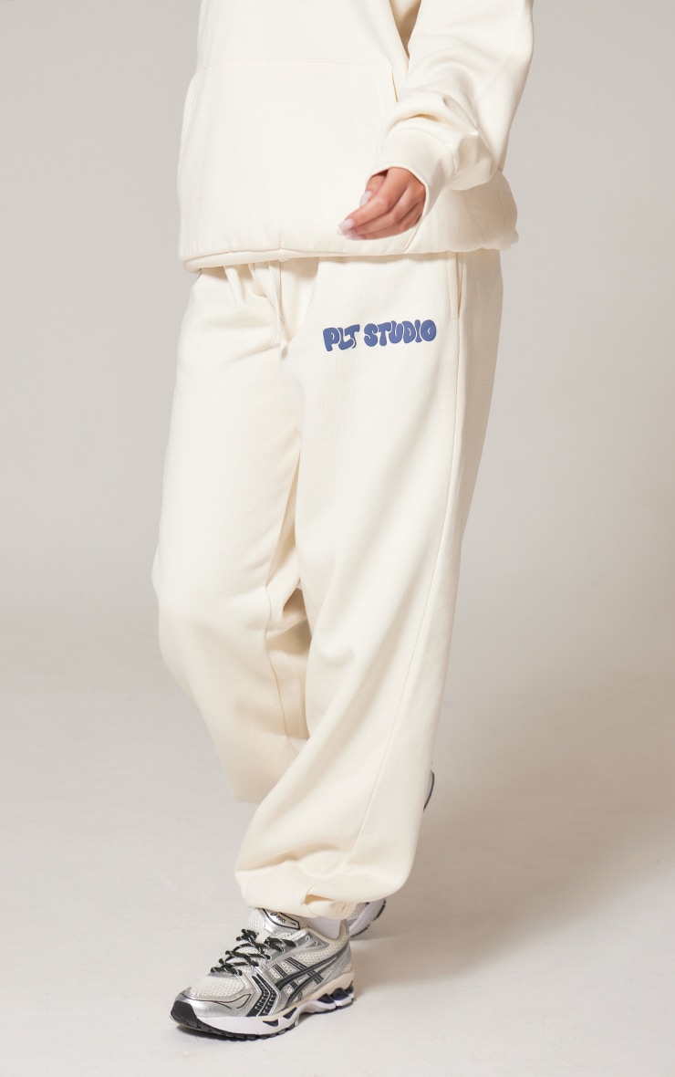 PRETTYLITTLETHING Sand Premium Studio Print Cuffed Track Pants image 2