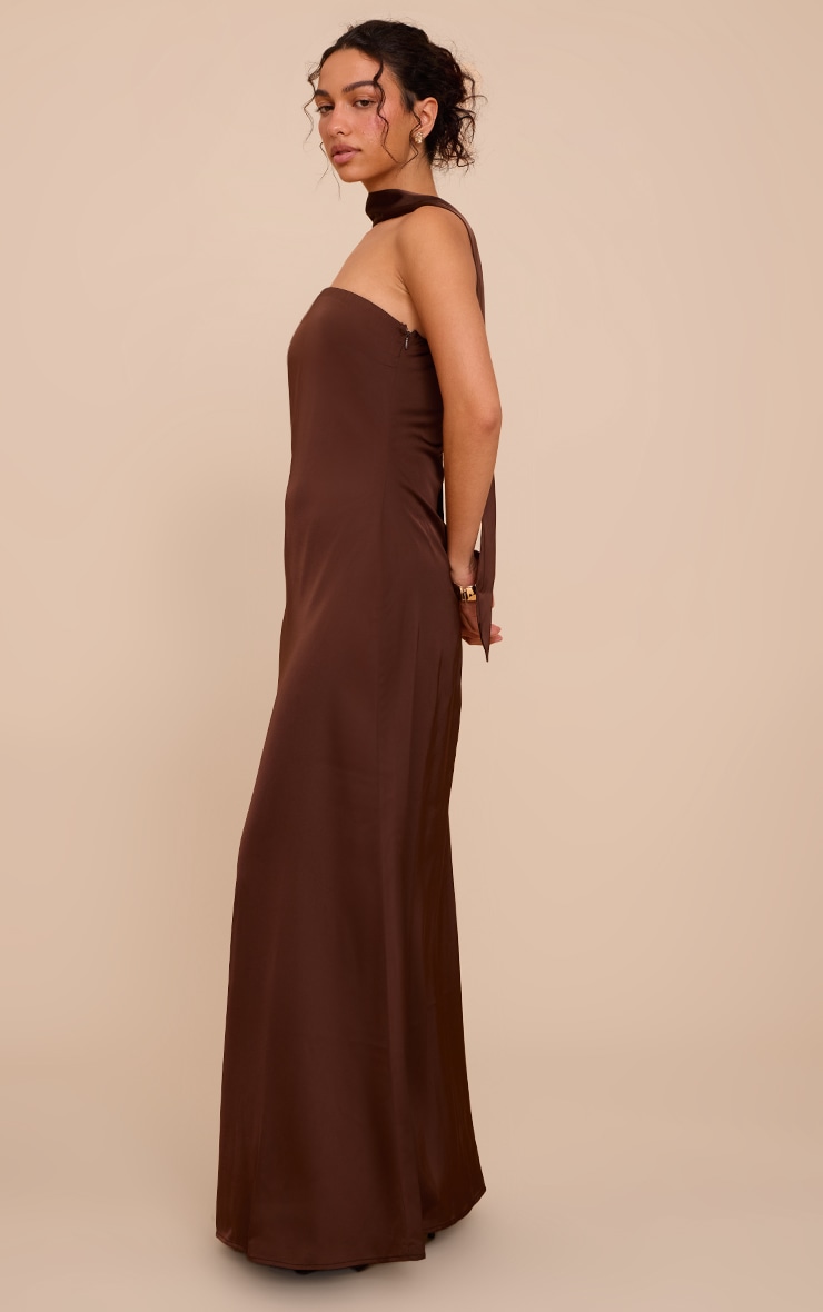 Chocolate Satin Bandeau Scarf Detail Maxi Dress image 3