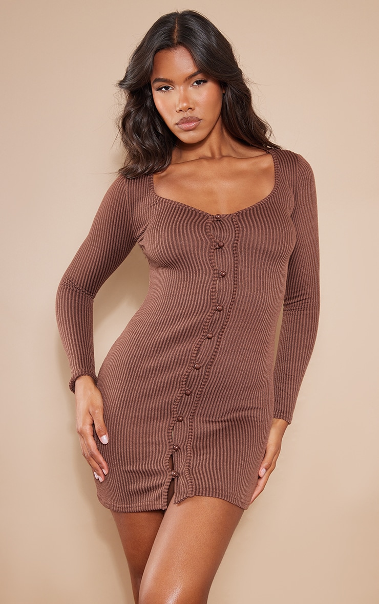 Chocolate Two Tone Rib Button Down Bodycon Dress image 1