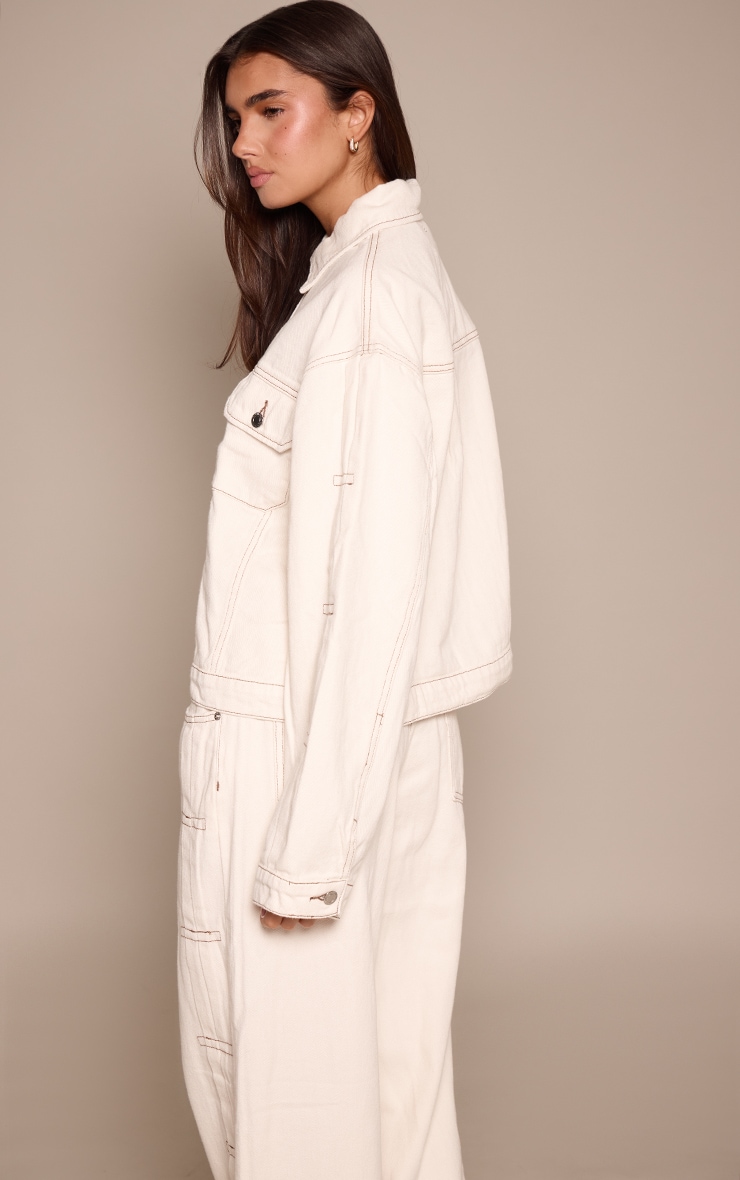 Ecru Pleat Detail Boxy Denim Jacket image 2
