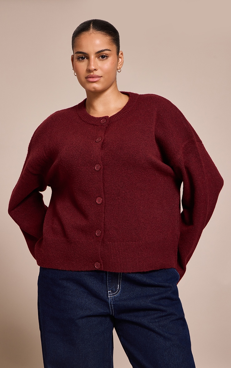 Plus Deep Red Knit Button Through Cropped Cardigan image 1