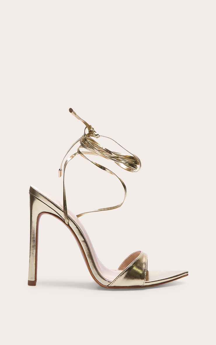 Gold PU Point Toe High Heeled Lace Up Sandals image 1