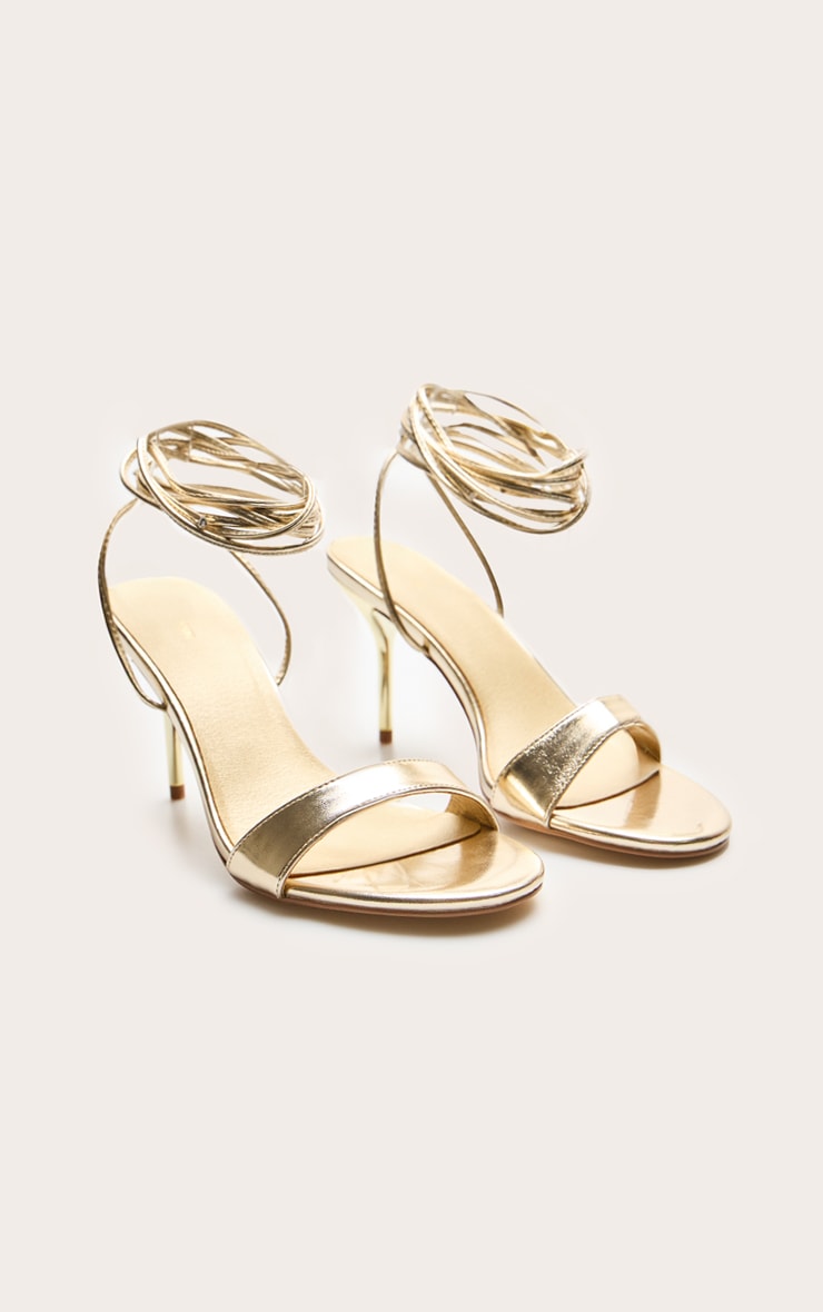Gold Pu Round Toe Lace Up High Stiletto Heeled Sandals image 3