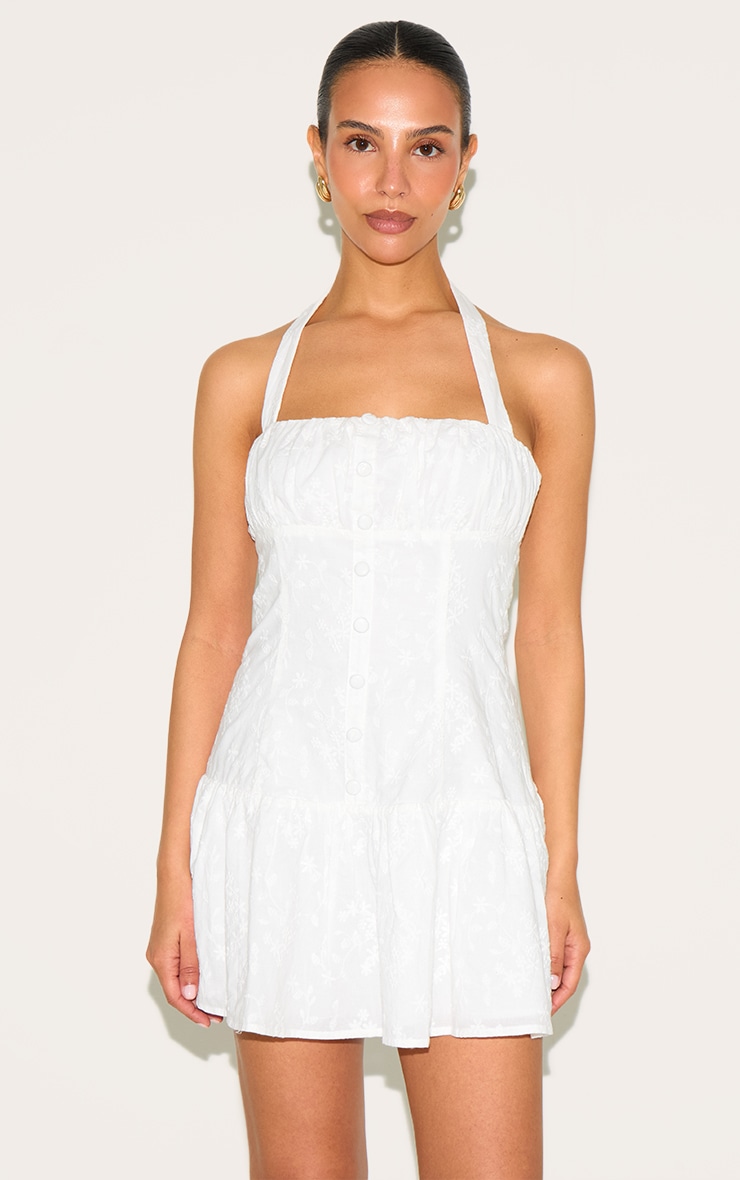 Petite White Halterneck Broderie Mini Dress image 3