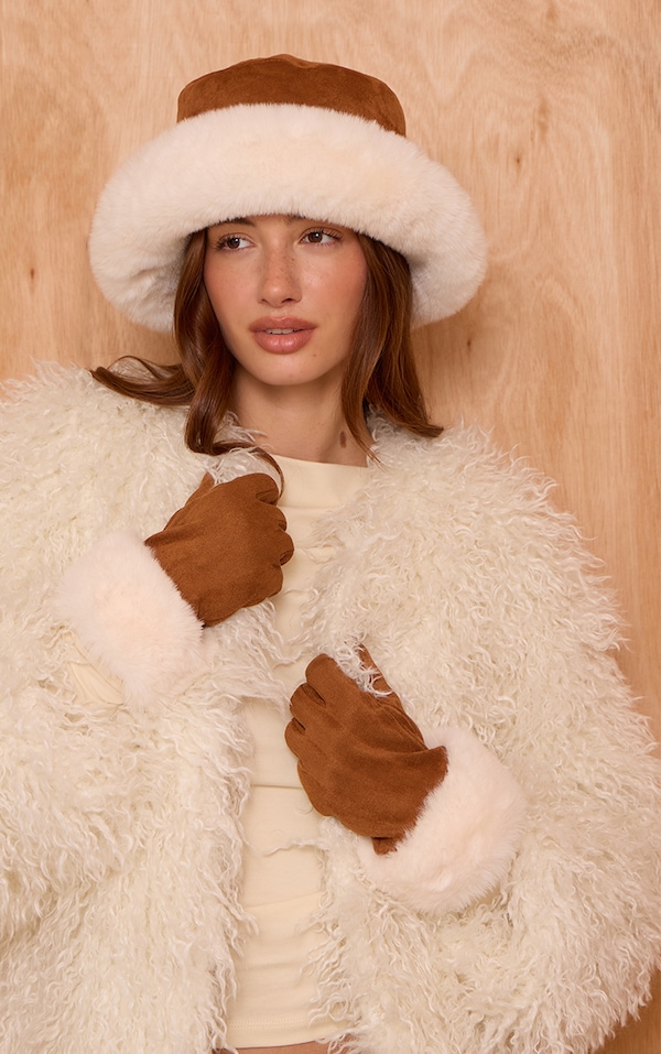 Chestnut Faux Suede Faux Fur Trim Gloves