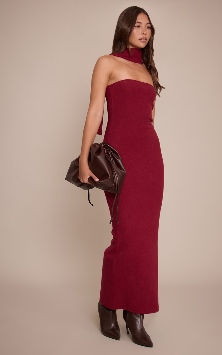 Wine Brushed Rib Scarf Detail Bandeau Maxi Dress image 3