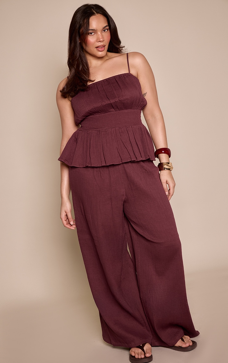 Plus Brown Textured Cheesecloth Cinched Trouser