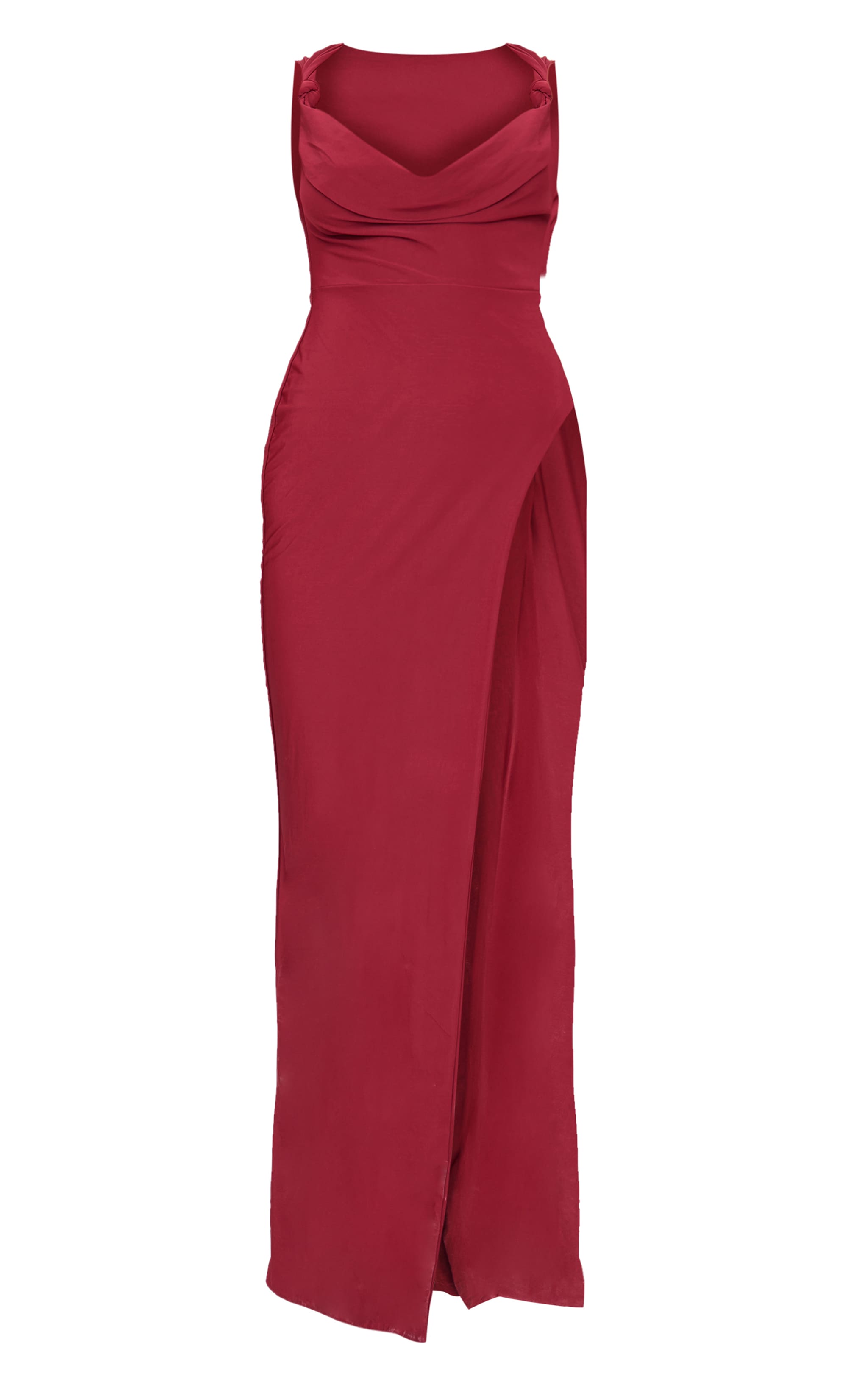 Burgundy Double Layer Draped Knotted Split Maxi Dress image 5