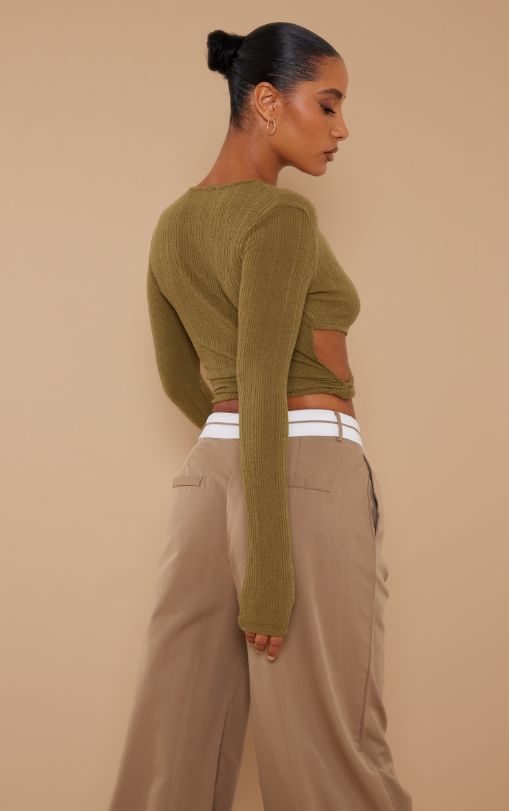 Khaki Marl Rib Cross Over Cut Out Top image 2
