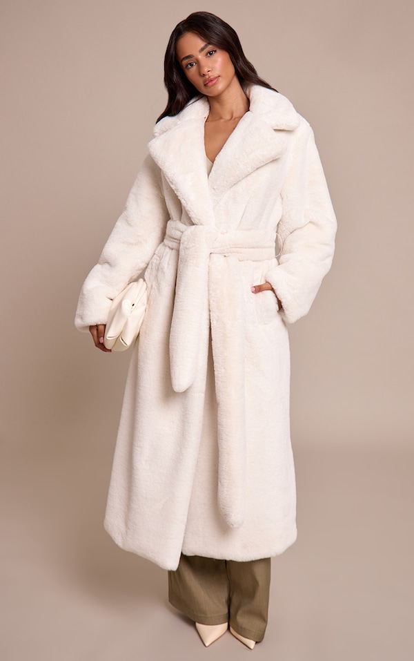 Petite Manteau long en fausse fourrure beige à taille nouée