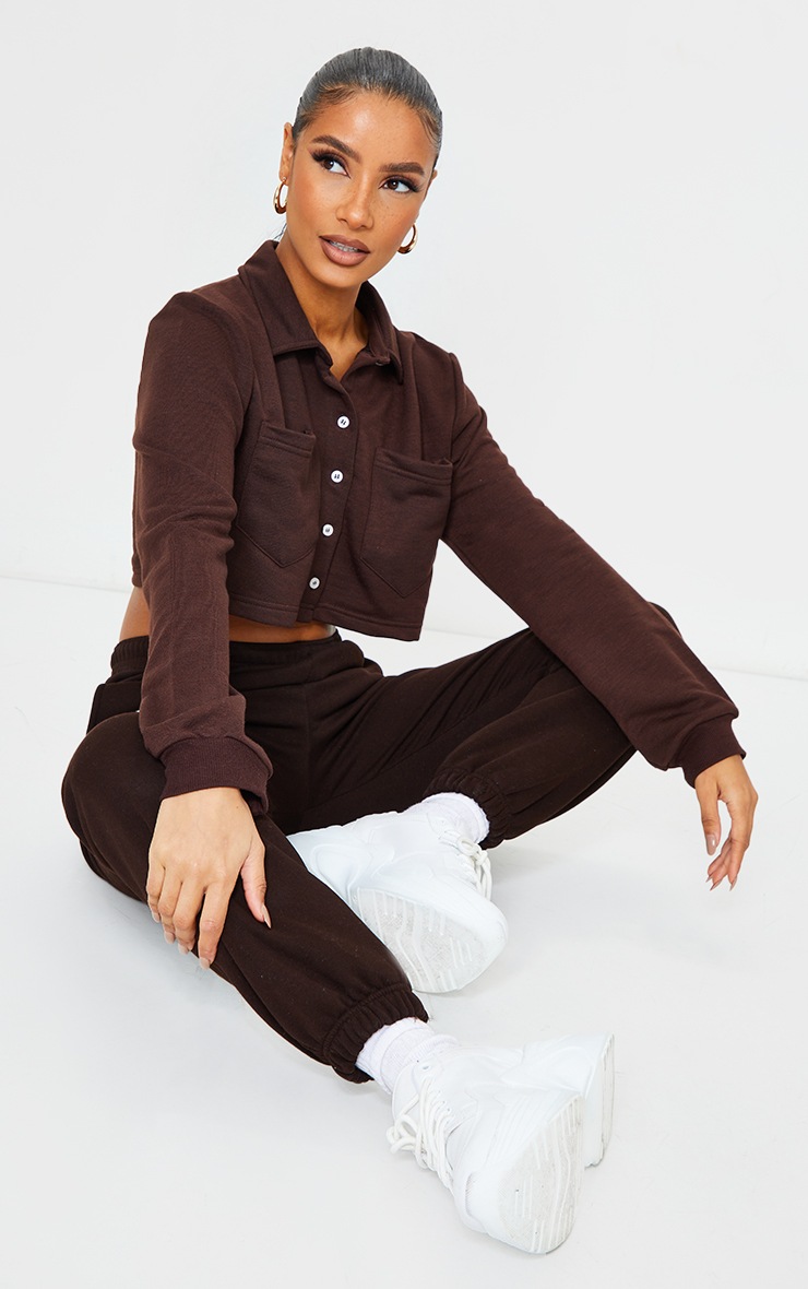 Chocolate Collar Button Front Crop Polo Shirt