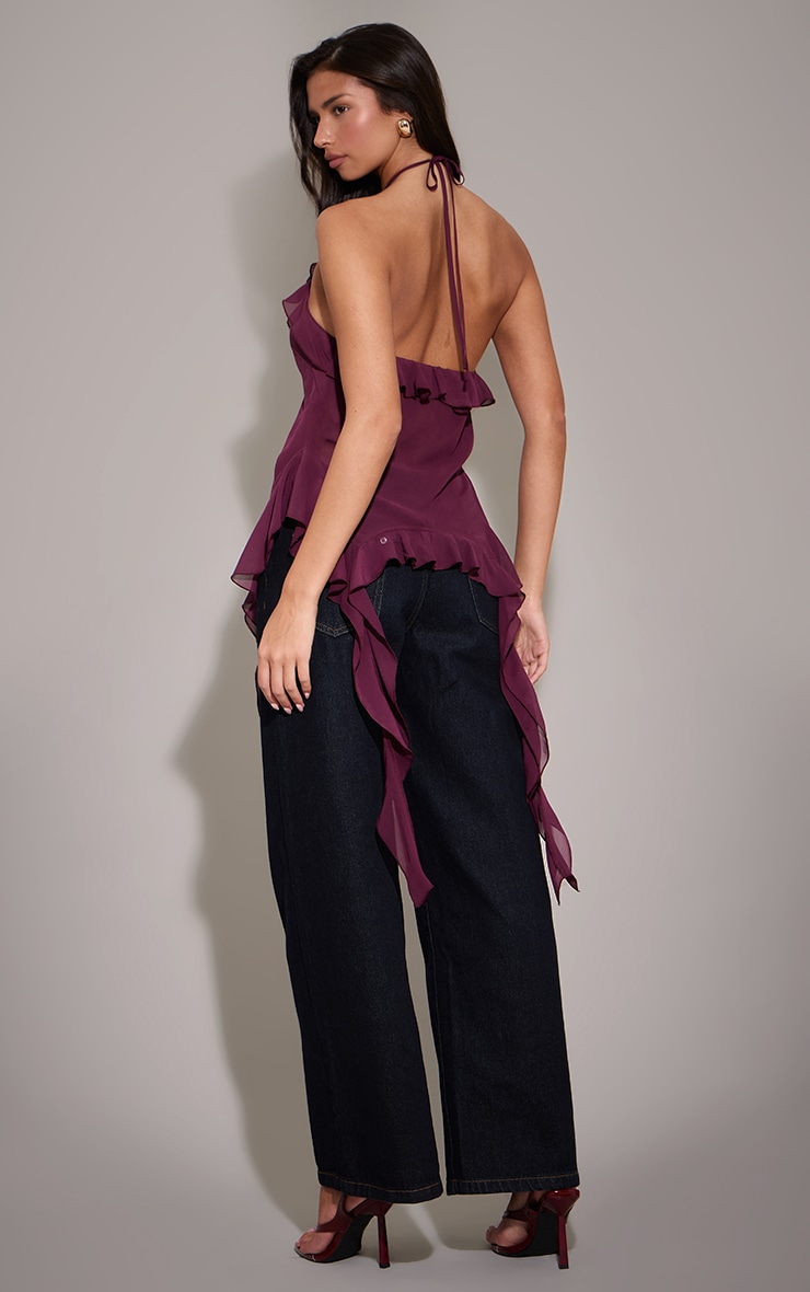 Plum Chiffon Ruffle Drape Detail Longline Top image 2