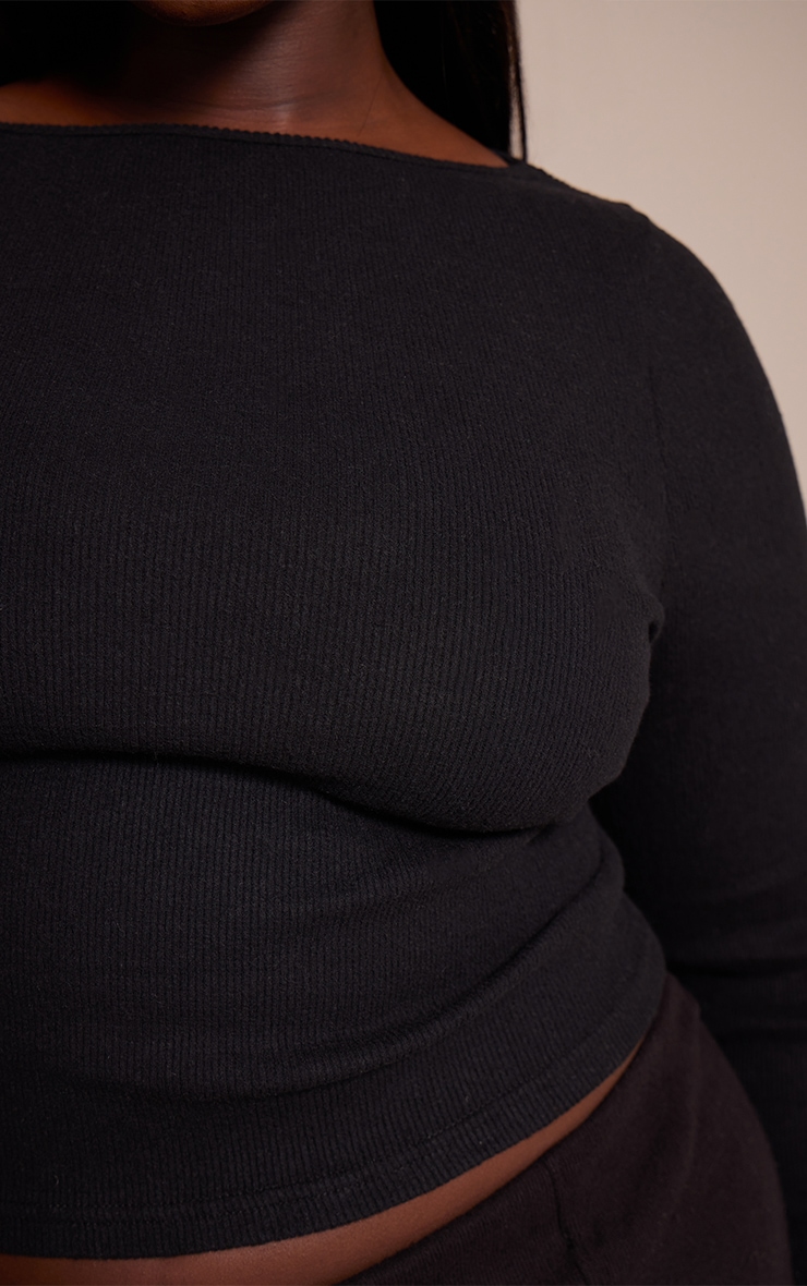 Plus Black Soft Touch Rib Boat Neck Long Sleeve Top image 4