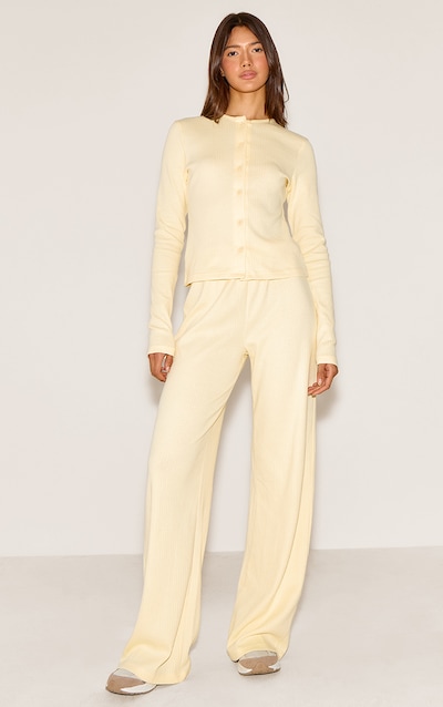 Almond Mid Rise Ribbed Wide Leg Pant