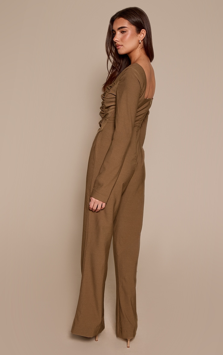 Khaki Long Sleeve Square Neck Ruched Jumpsuit image 2