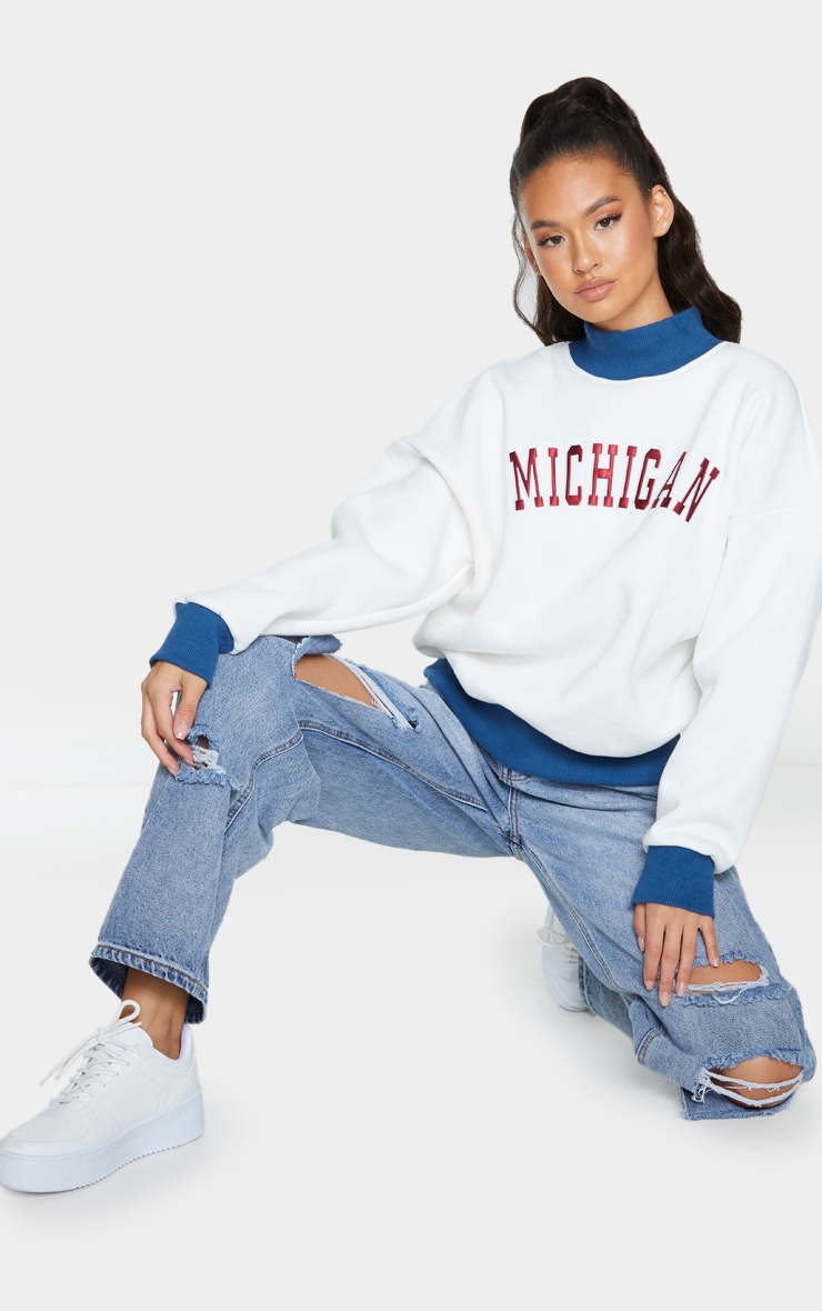 Stone Michigan Slogan Embroidered Fleece Sweater