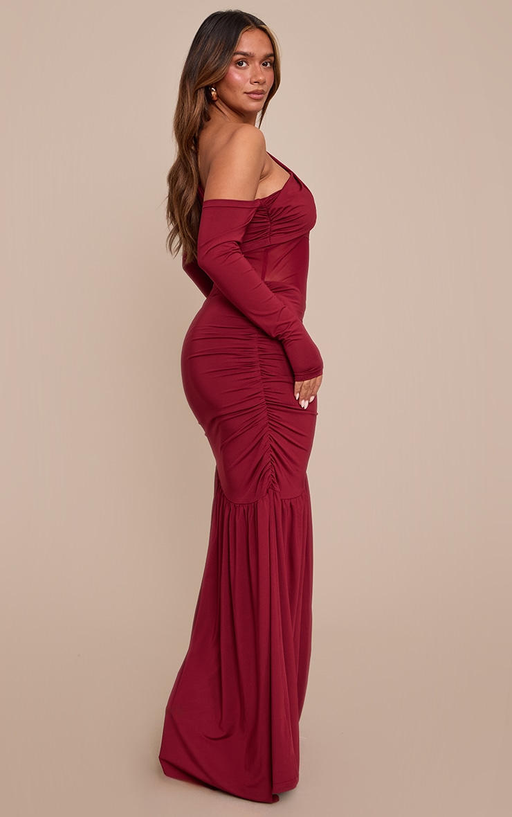 Shape Burgundy Mesh Detail Bardot Asym Maxi Dress image 2