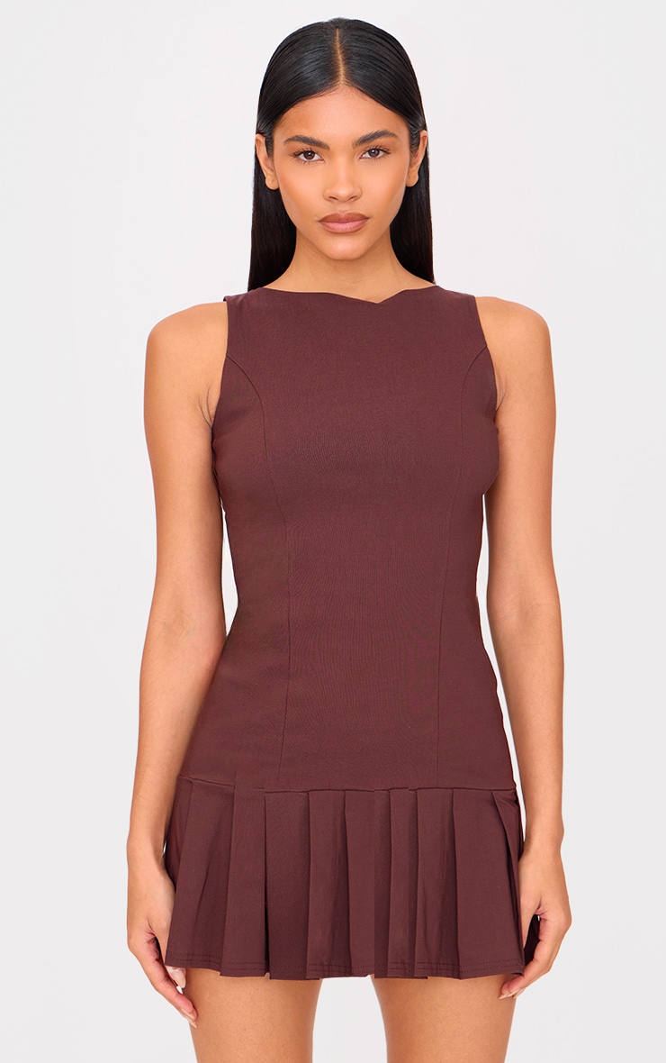 Chocolate Stretch Woven Frill Hem Shift Dress image 1