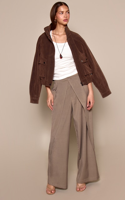 Khaki Woven Pleated Drape Panel Wide Leg Trousers