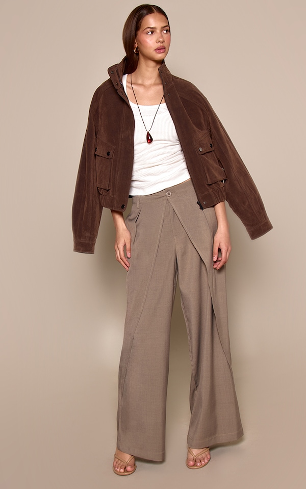 Khaki Woven Pleated Drape Panel Wide Leg Pants