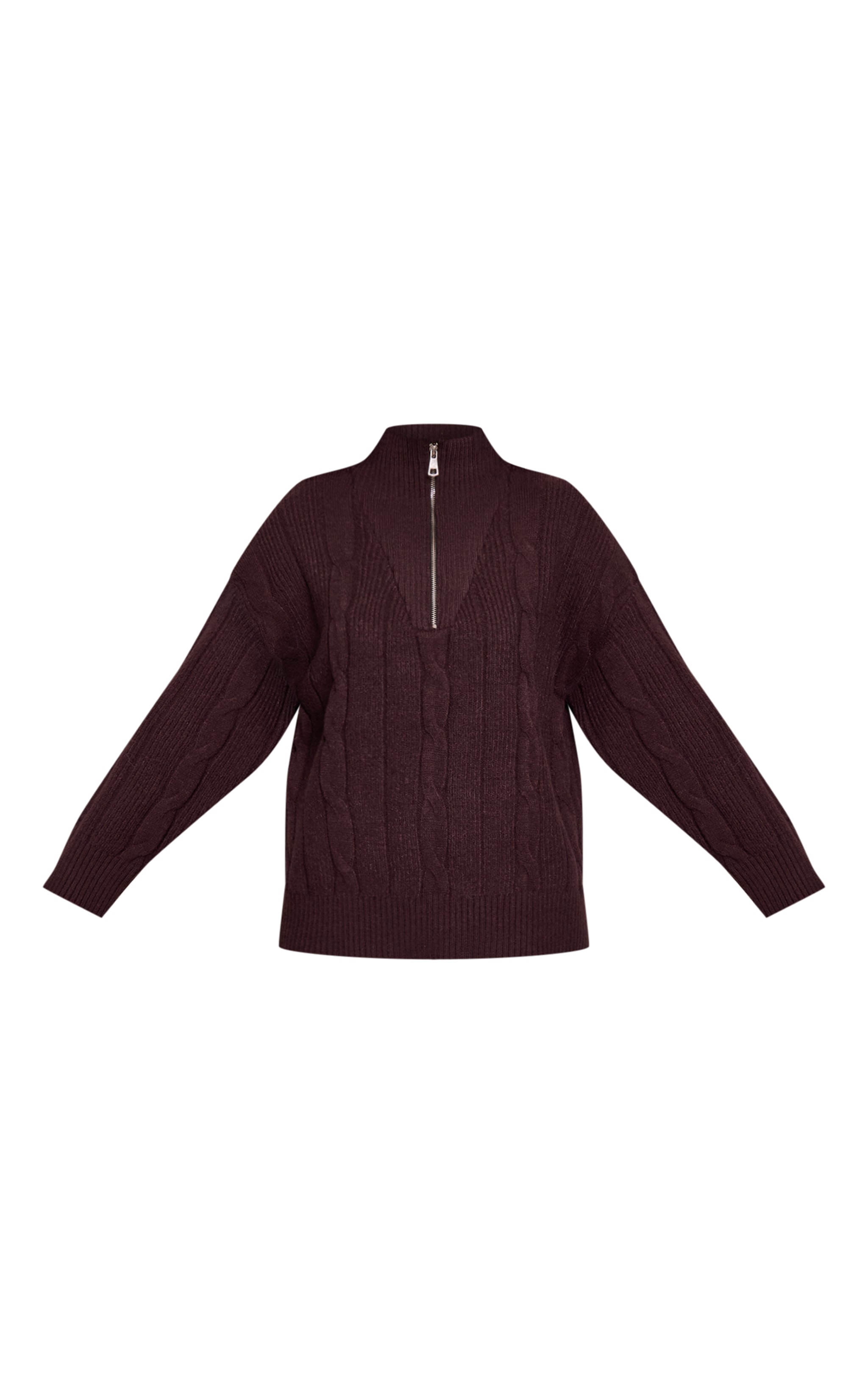 Pull oversize en maille tricot torsadée chocolat à zip image 5