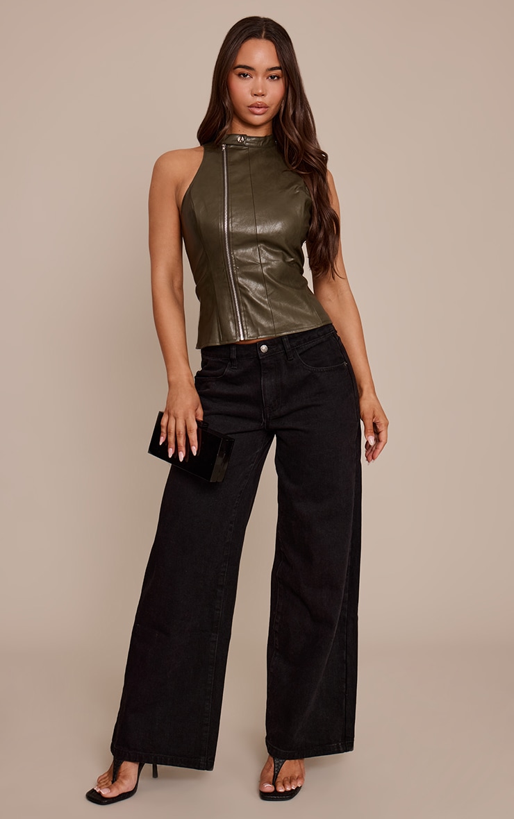 Khaki Faux Leather Zip Up Sleeveless Top image 3