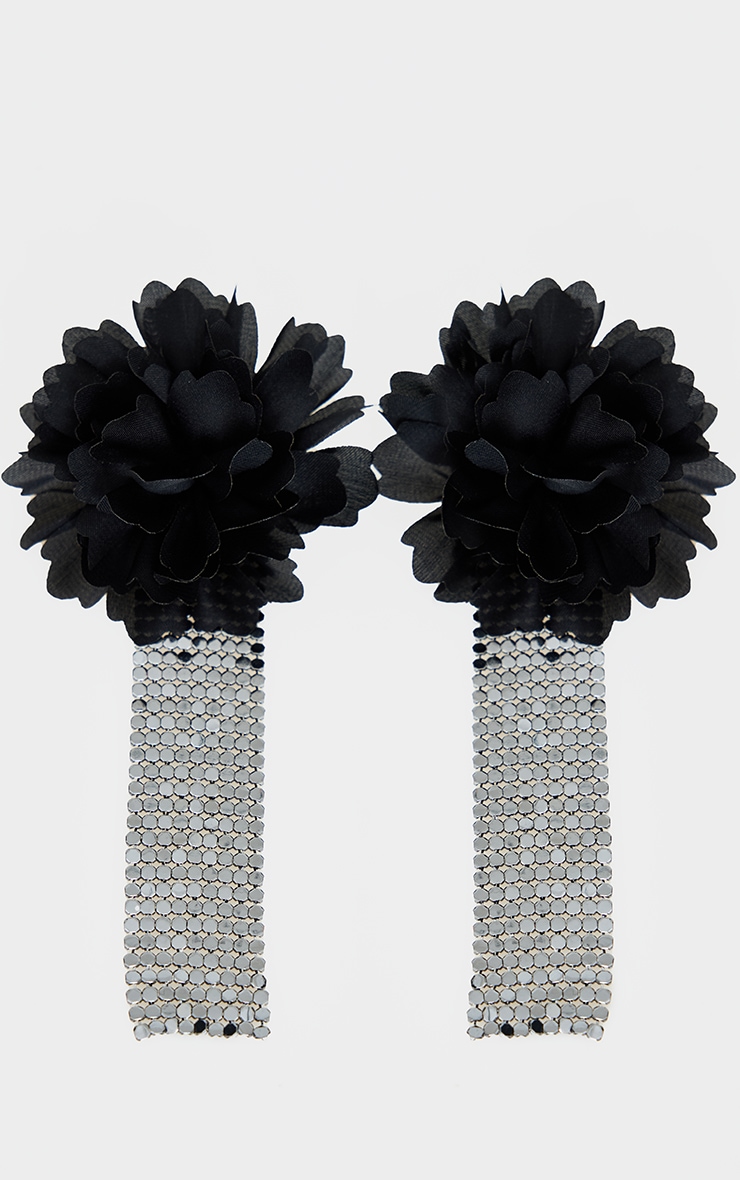 Black Large Floral Chain Tassel Statement Earrings image 2