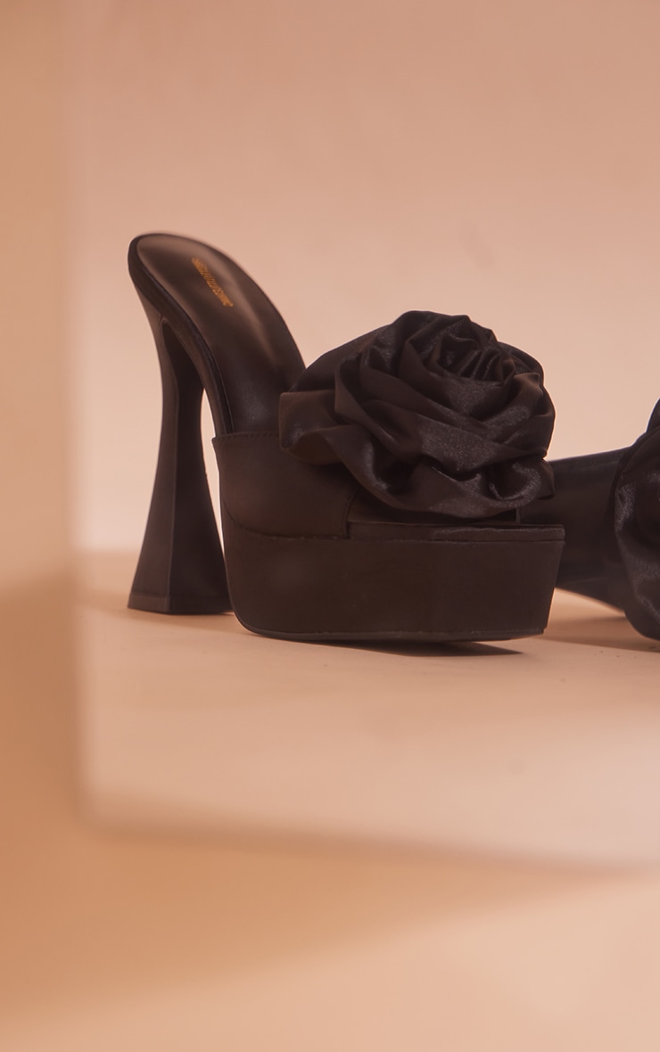 Black Satin Square Toe Corsage High Heeled Platform Sandals image 4